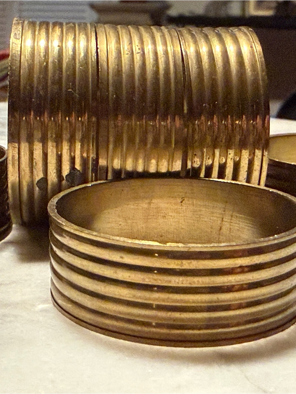 Brass Ribbed Napkin Rings - Gold Set - Picture 1 of 10